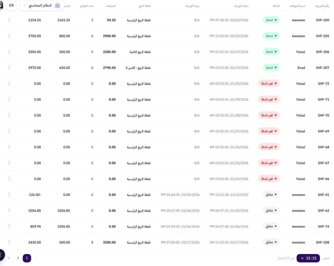 جدول بيانات الورديات مع أعمدة: رقم التعريف، الموظف، الحالة، البداية، النهاية، نقطة البيع، المبيعات
